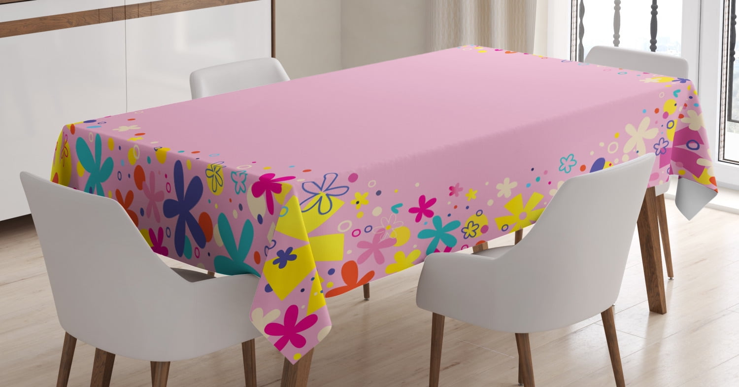 Kids Party Tablecloth, Girls Birthday Design with Doodle Style Blooming