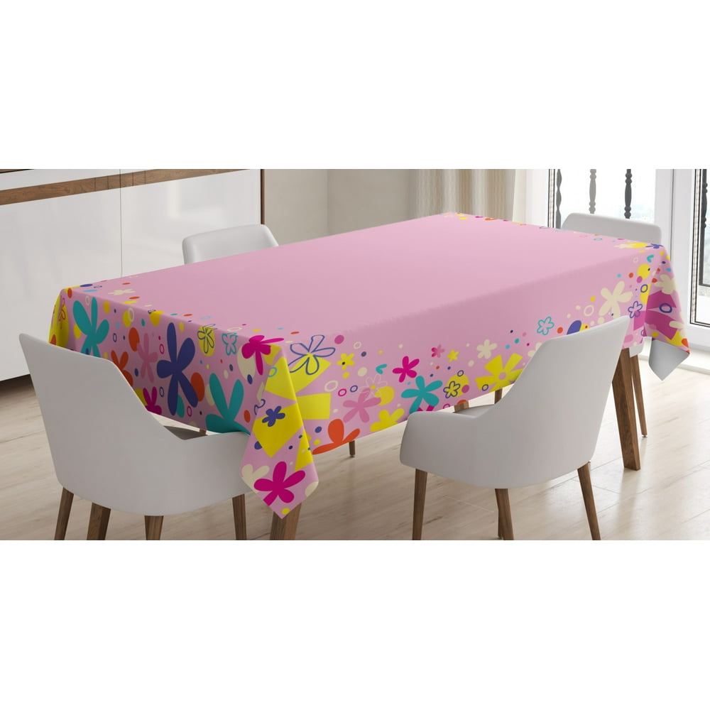 Kids Party Tablecloth, Girls Birthday Design with Doodle Style Blooming