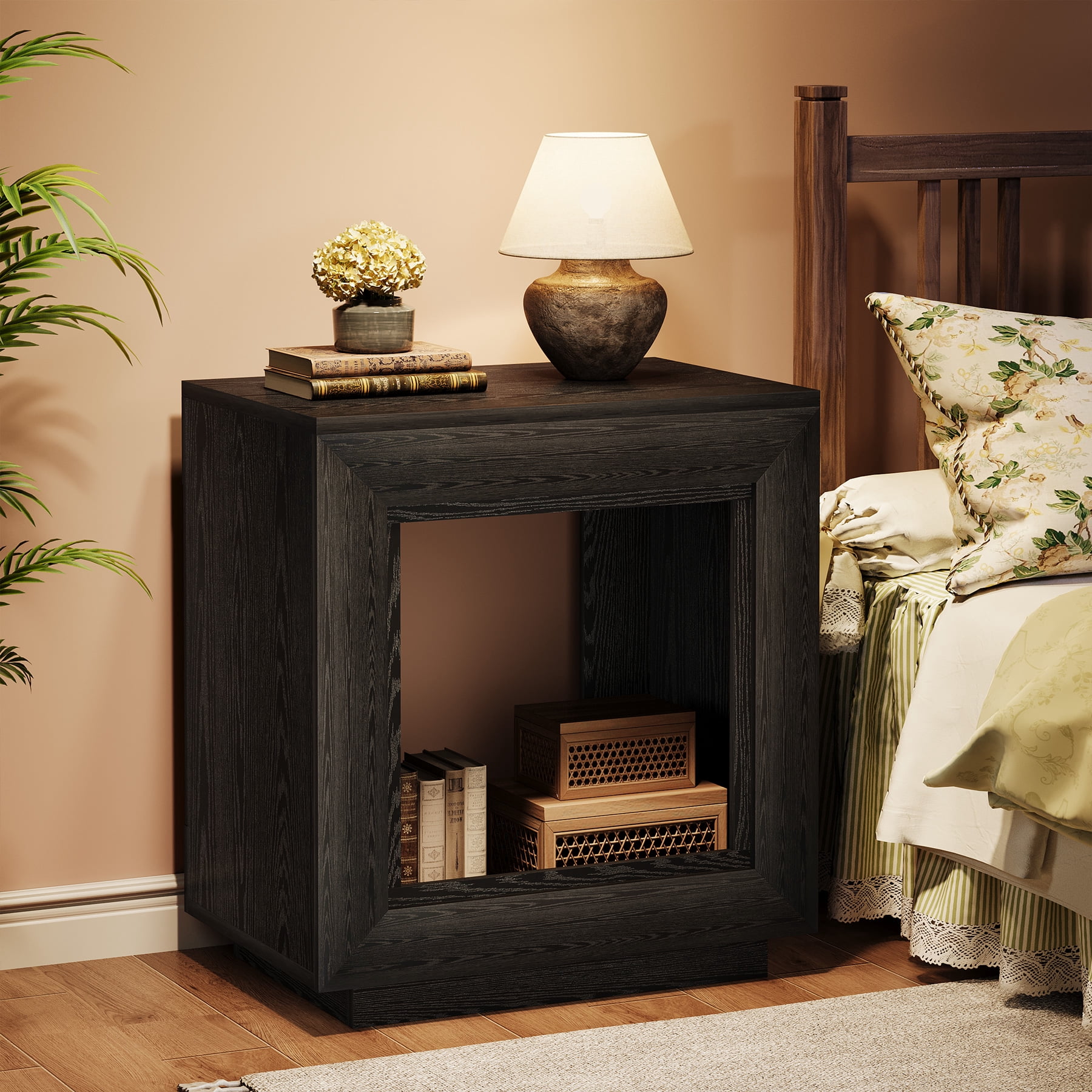 Fnova End Table Farmhouse Square Side Table with Storage, Wooden Sofa Table with Central Hollow Design, Modern Bedside Table, Easy Assembly, for Living Room, Bedroom, Nightstand, Black