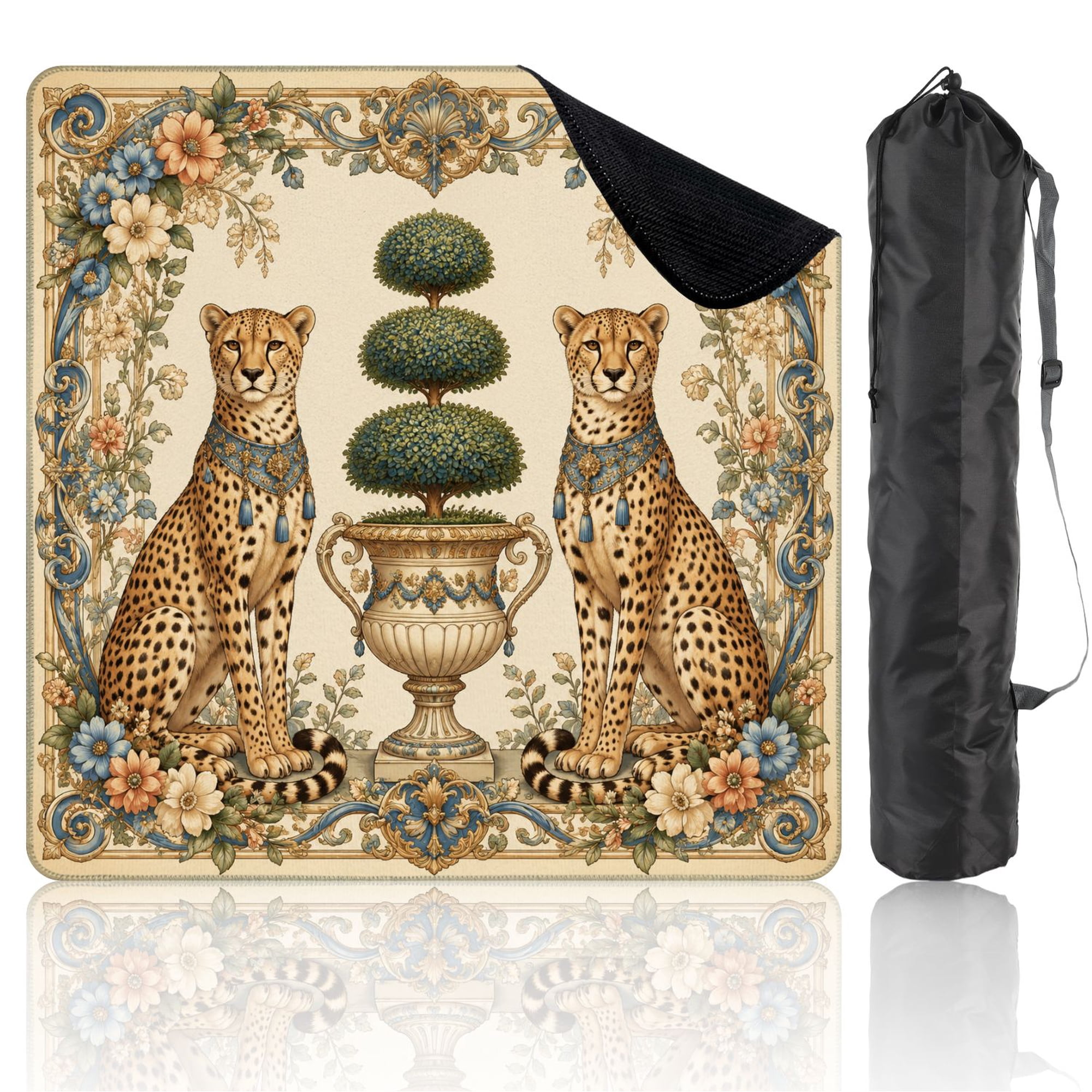 Travel Mahjong Mat 21 x 21 Leopard Pair Topiary Tree Floral Vintage Botanical Baroque Non-Slip Noise Reduction Mini Mahjong Tiles for Dominoes Poker Card