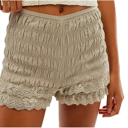 Besolor Womens Ruffle Lace Trim Bloomers Smocked Mini Shorts Cute Frill Ruched Pj Bottoms Pajama Shorts Sleepwear