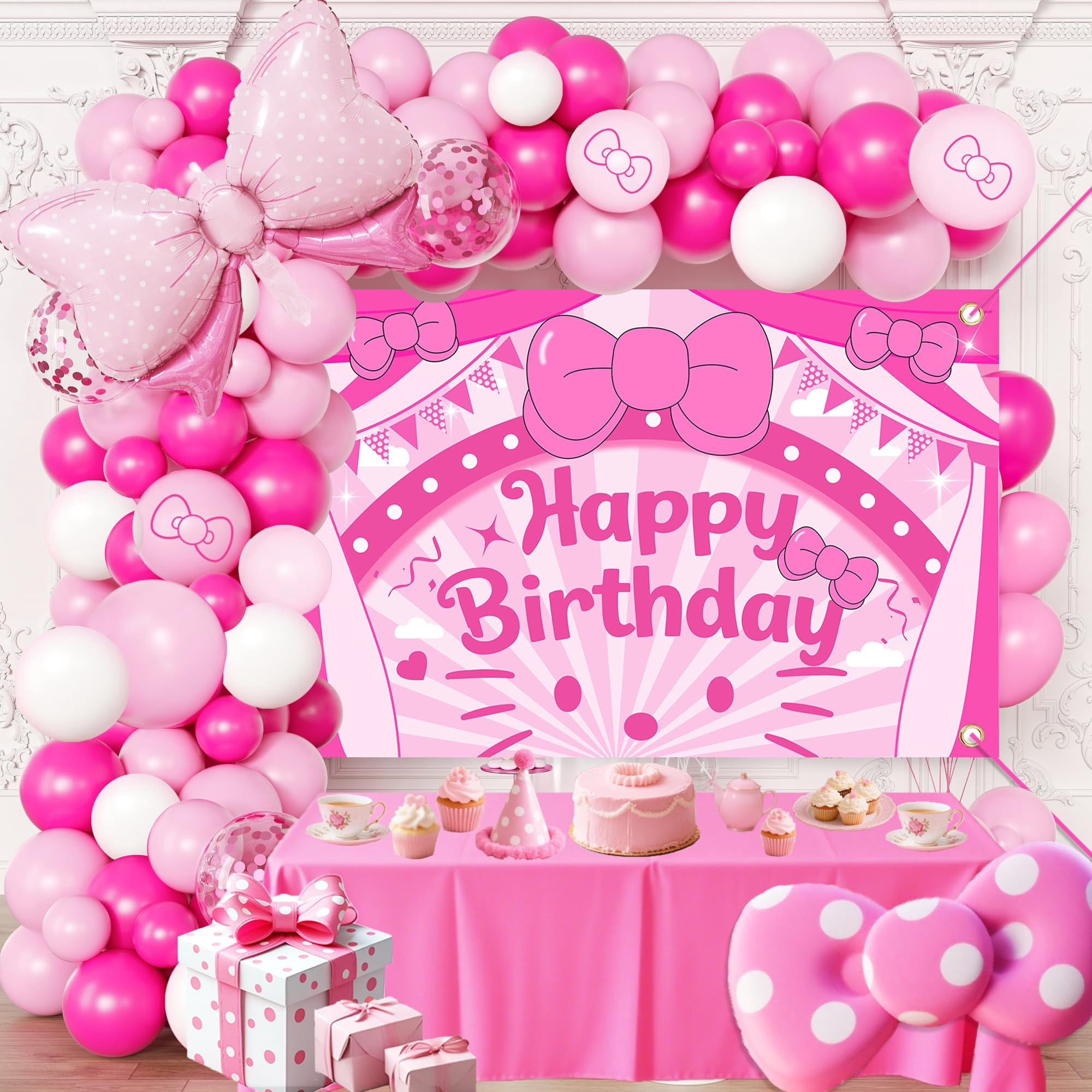 Cartoon Cat Theme Birthday Party Decorations Kit - Pink Hot Pink Balloons with Arch Garland for Background Birthday Girls Kids VT001