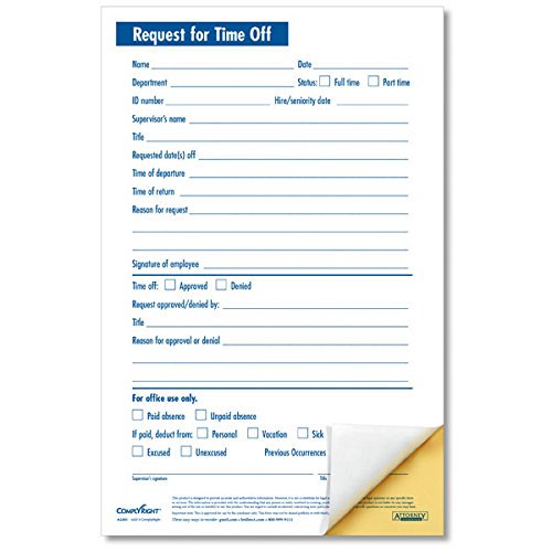 ComplyRight Small 2 Part Request for Time Off | 5-1/2" x 8-1/2" | Attendance Forms | 50 Pack