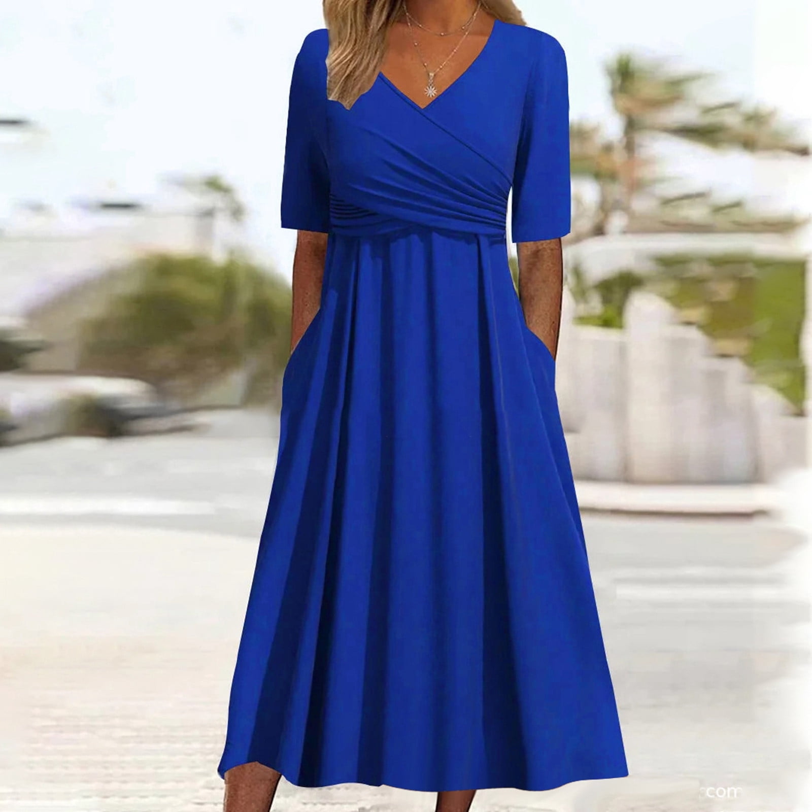 Jamsmile Womens Dress Summer Casual Short Sleeve V Neck Pleated Solid Color Loose Vintage Dresses Beach Long Vacation Sundress