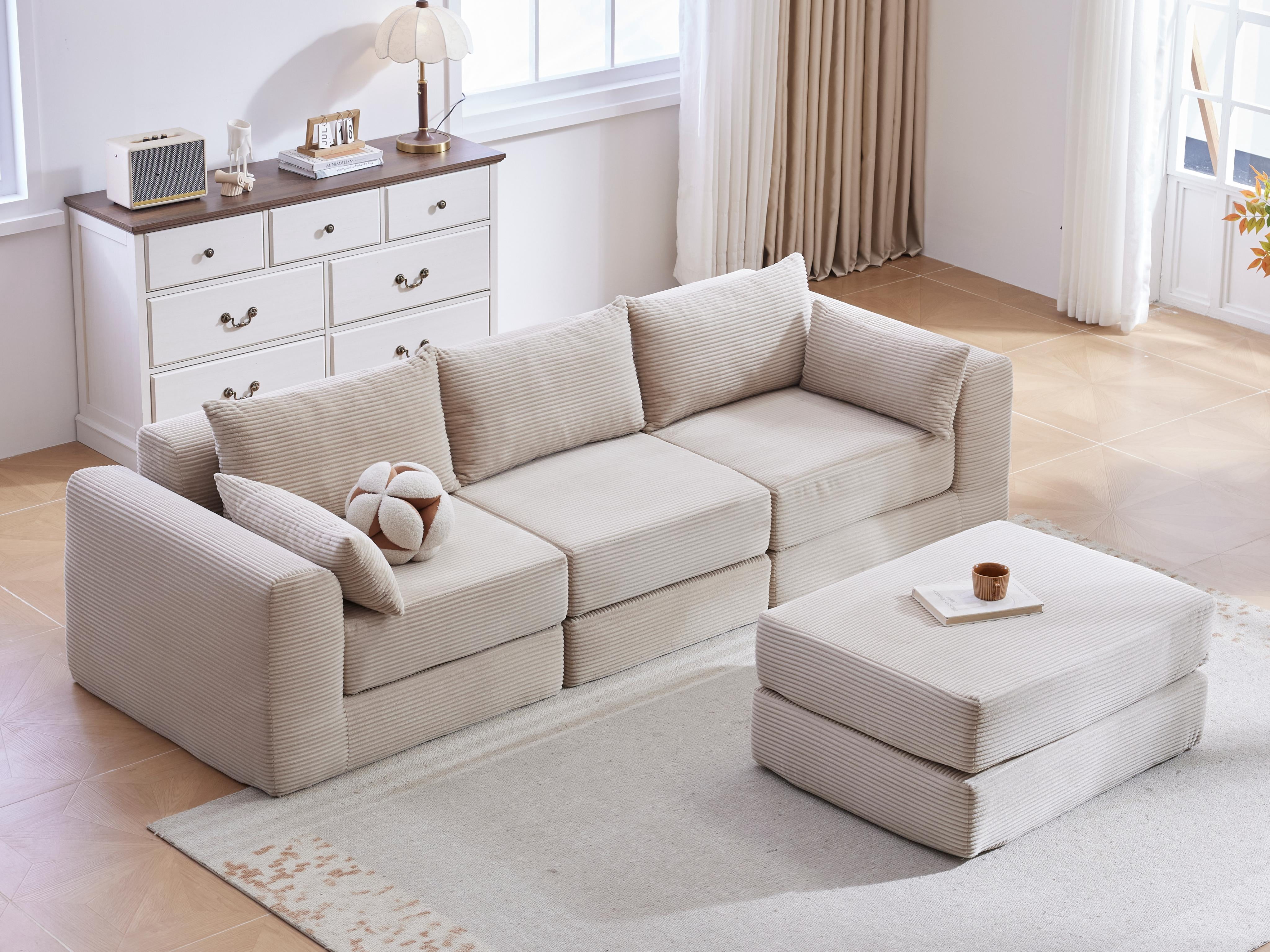 100-Inch L-Shaped Modular Sectional Sofa Couch Set with 5 Pillows, Corduroy Convertible Floor Sofa with High-Density Spring Foam for Living Room Apartment, Camel