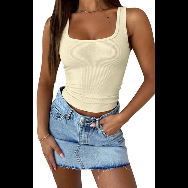 Tops de Verano para Mujer con Cuello Cuadrado para Salir, Tops Básicos Acanalados para Hacer Ejercicio Amarillo XL