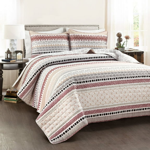 Lush Decor Southwest Stripe Reversible Oversized Quilt Brick Red/Neutral 3Pc Set Full/Queen