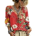 thumbnail image 2 of Womens V Neck 3/4 Sleeve Bohemian Casual Blouses Boho V Neck Lace Shirt Trendy Blouses Drawstring Ruffle 3/4 Sleeve Summer Casual Flowy Tops, 2 of 5