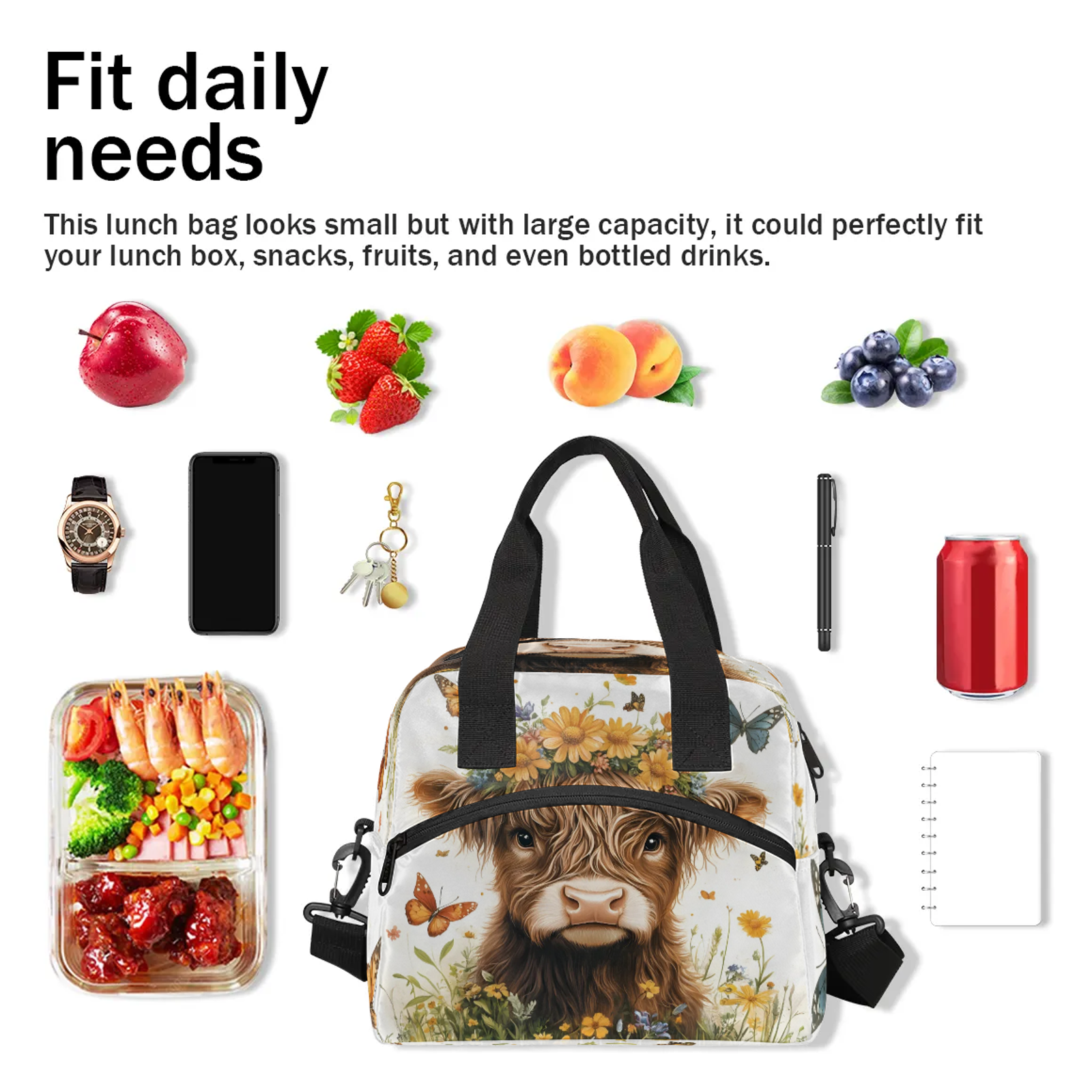 Herdesigns Highland Cow Lunch Bag for Women Men Adult, Cute Large Insulated Reusable Lunch Box Leakproof Portable Cooler Tote Bags for Work Picnic Beach