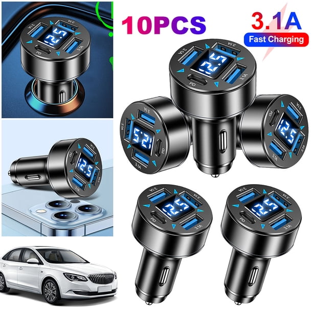 Cargador Coche 66 W Adaptador Corriente 4 Puertos para (3USB+1C) Azul