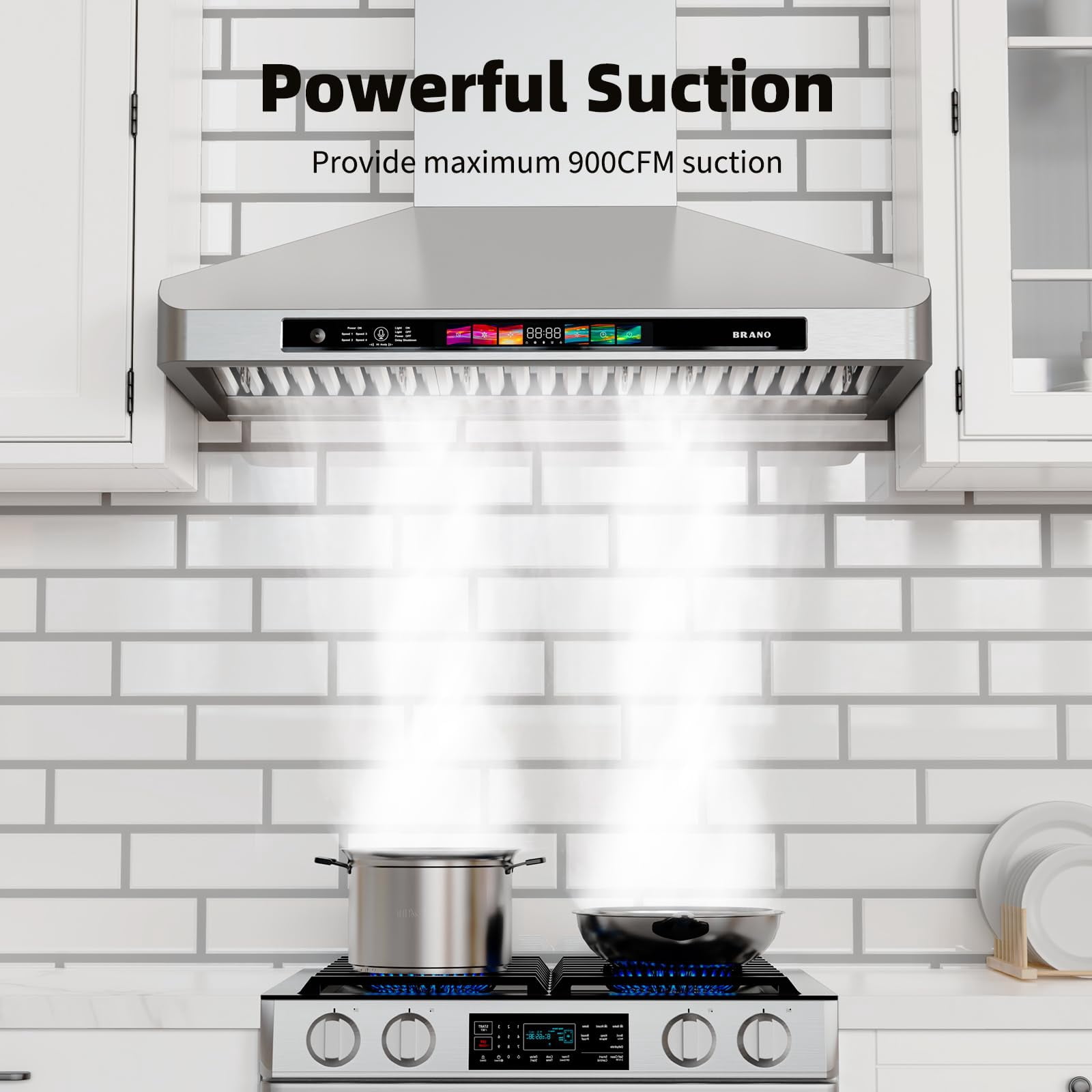 Brano 30-Inch Canopy Range Hood, Wall Mount, 900 CFM, 4-Speed Exhaust Fan, Stainless Steel, LED Lights, Memory Mode