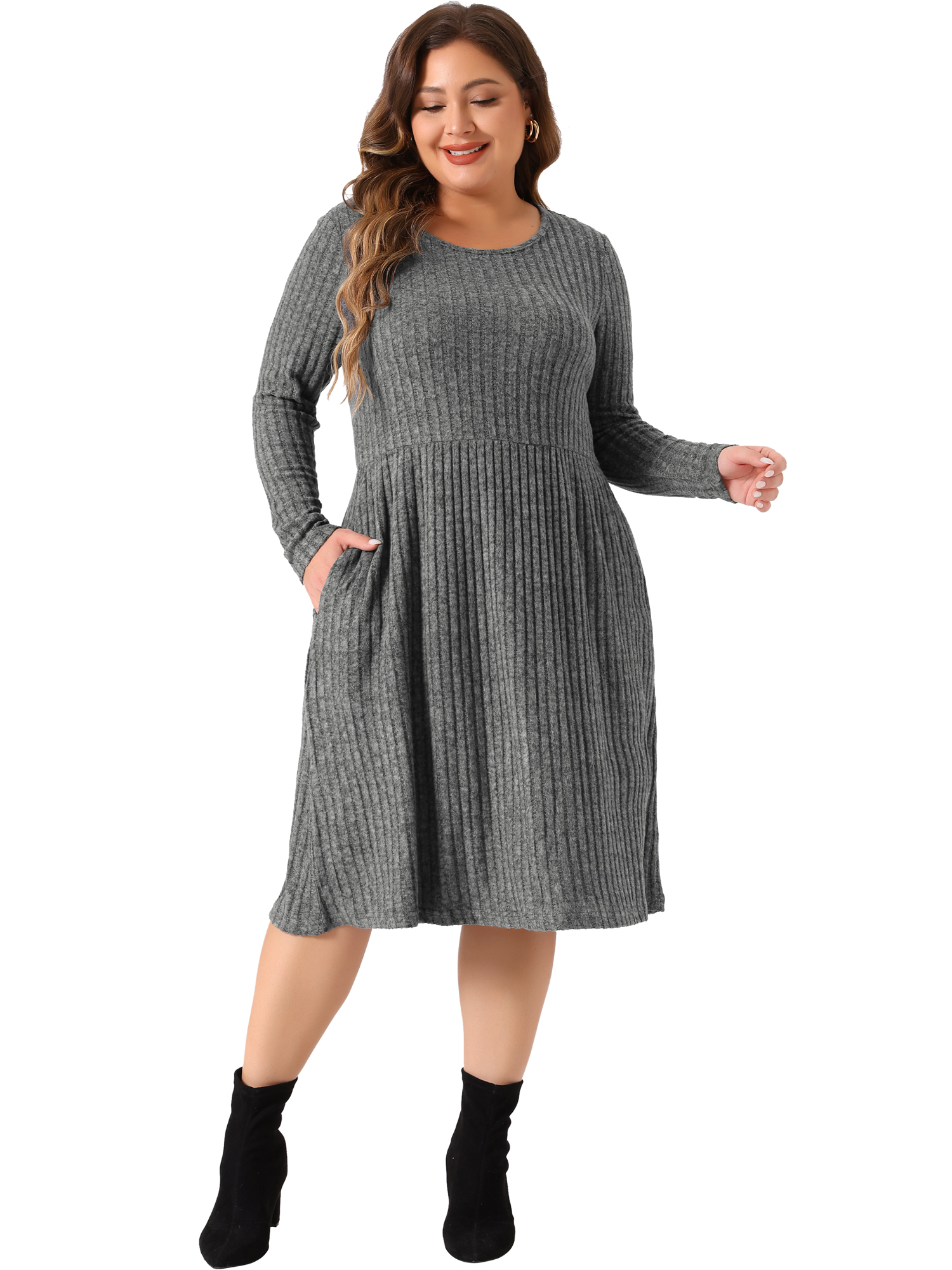 DARING DIVA Plus Size Round Neck Long Sleeve Casual Knit Dress 2X Gray