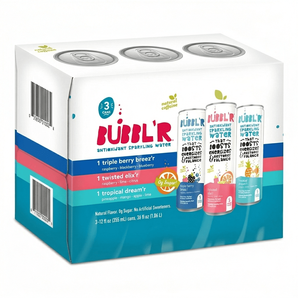 BUBBL'R Sparkling Water Variety Pack, 12 fl oz, Tropical Dream’r, Triple Berry Breez’r, Twisted Elix’r, Refreshing Flavored Sparkling Beverage, (3 Pack)