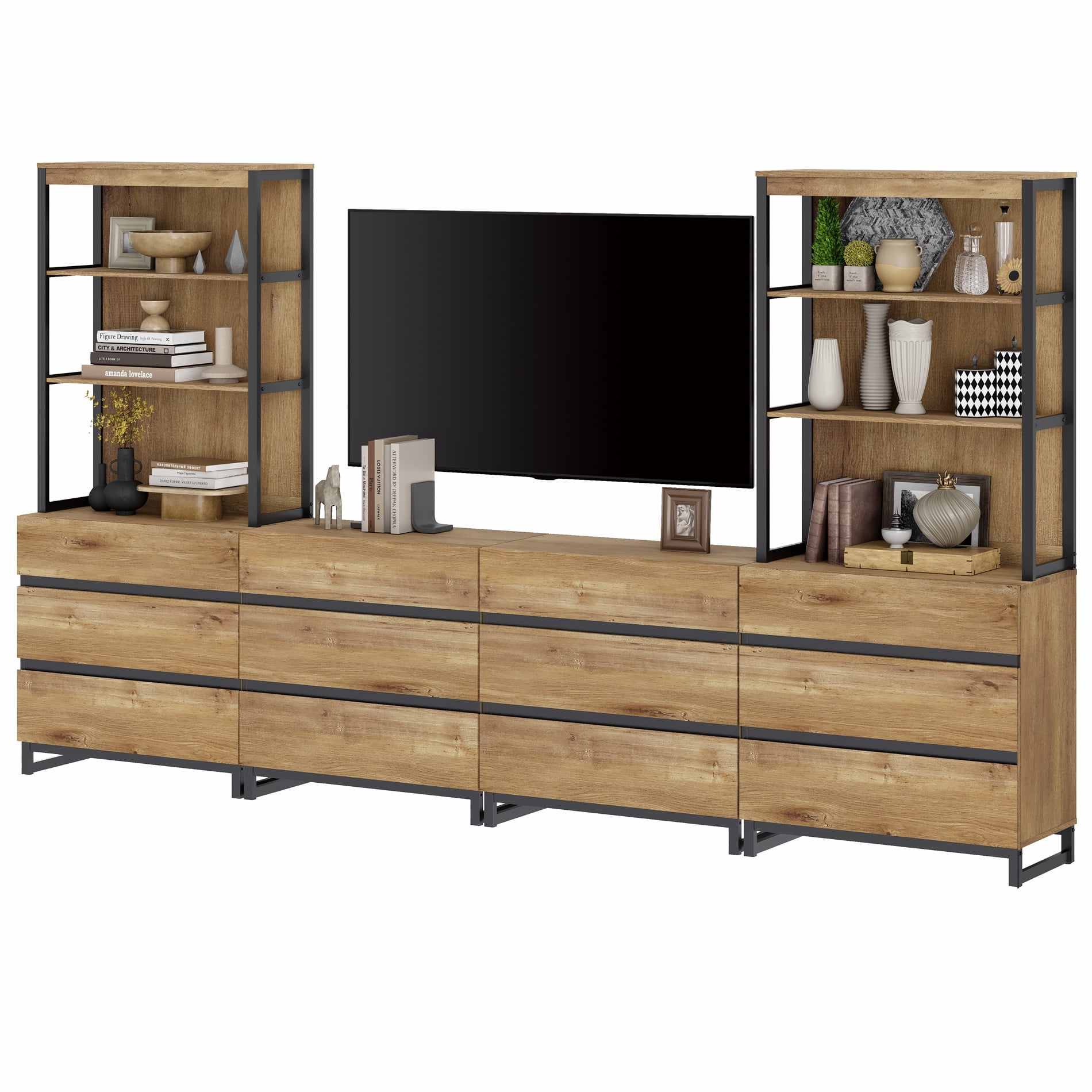 WAMPAT Modern TV Stand with 3 Tiers Bookshelf, Farmhouse Entertainment Center with 12 Drawers and Adjustable Shelf, Wooden Media TV Console with Black Metal Leg for Living Room, Oak