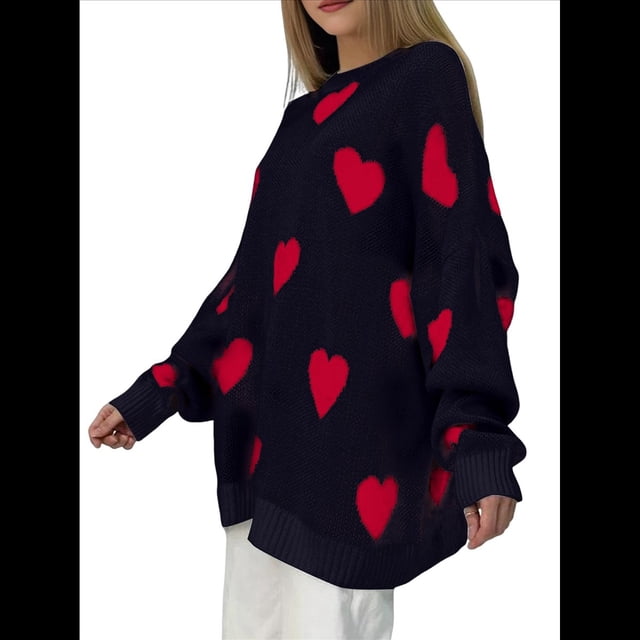 Suéter con Estampado de Corazón para Mujer, Sudadera de Punto de Larga con Gráfico de Amor, Camiseta Extragrande Negro M