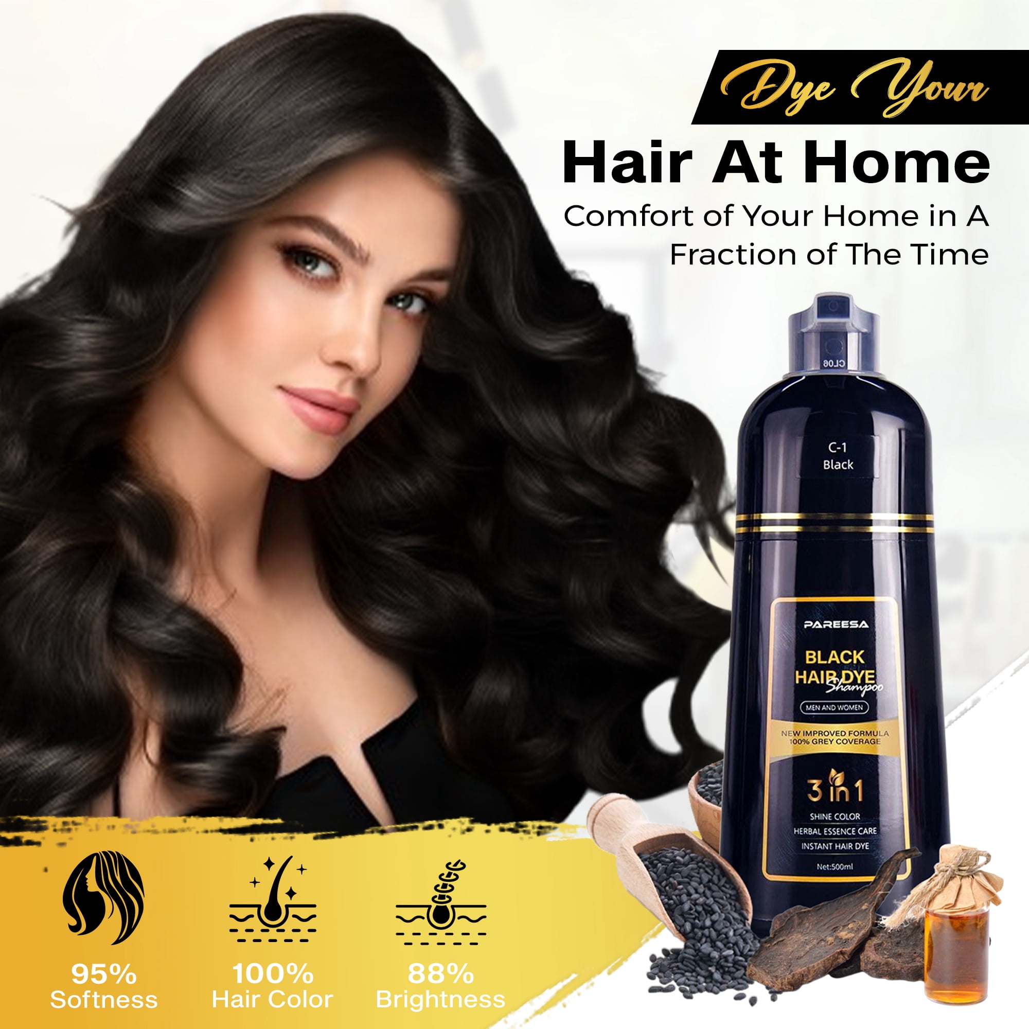 PAREESA Black Hair Dye Shampoo 3 in 1 for Grey Hair - Hair Color Shampoo for Women & Men - 500ML