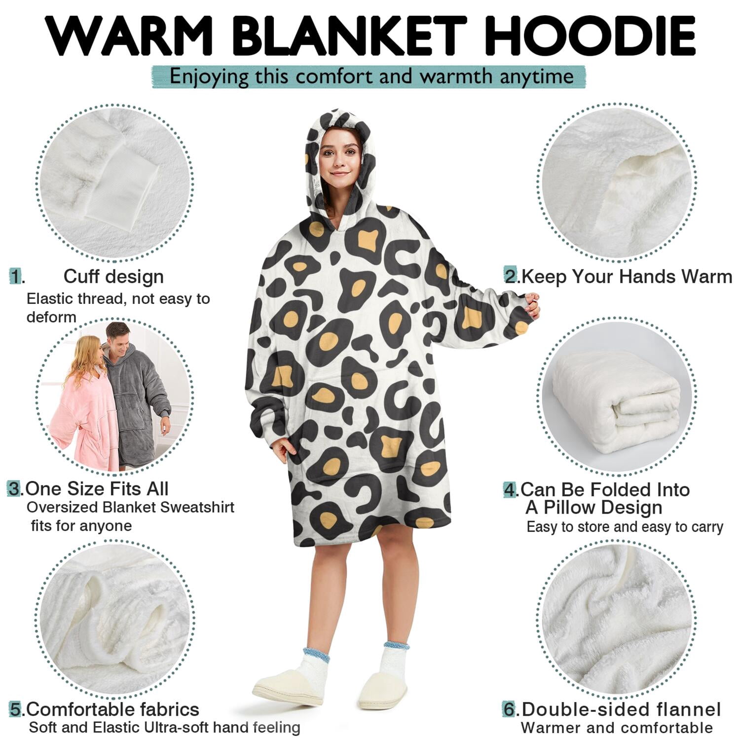 Black and Yellow Of Leopard Print Wearable Oversized Blanket,Wearable Blanket Hoodie for Adults,Cozy Hooded Blankets with Super Pockets,Super Warm Fuzzy Pullover for Women & Men