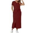 thumbnail image 2 of Lutiedan Womens 2 Piece Long Skirt Sets V Neck Short Sleeve Tops and Side Slit Stretchy Drawstring Skirt Set Summer Casual Vacation Outfits, 2 of 6