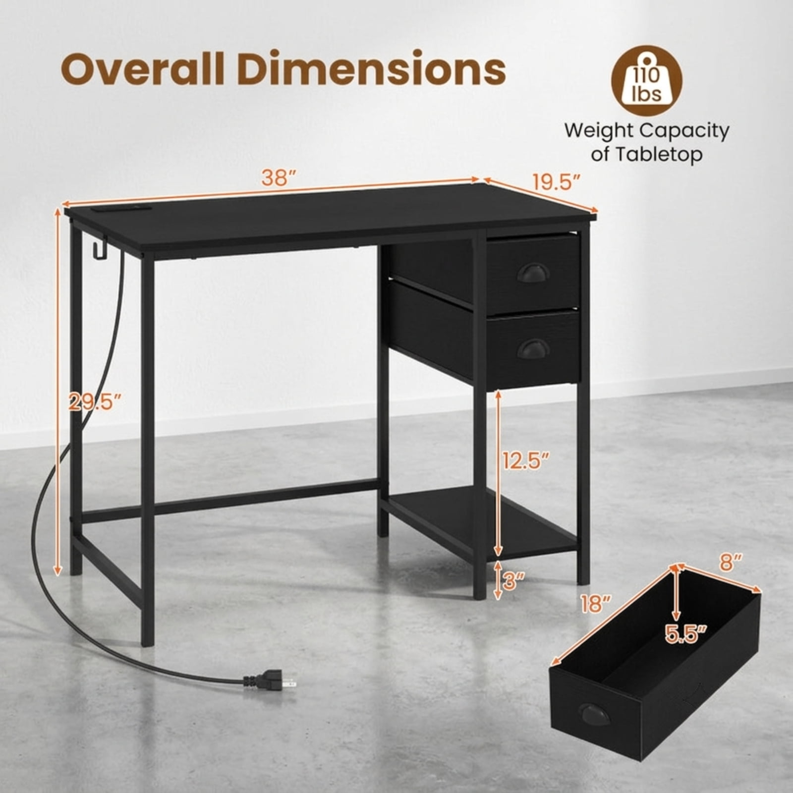 Furnibear Computer Desk with Charging Station and 2 Fabric Drawers, 38 Inch Small Home Office Desk with Headphone Hook and Metal Frame, Black