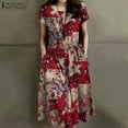 thumbnail image 3 of ZANZEA Womens Summer Vintage Floral Short Sleeve Cotton Midi Dress Casual Loose Swing Sundress, 3 of 4