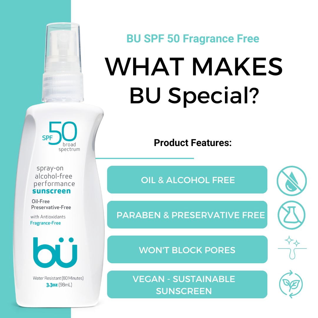 Bu SPF 50 Fragrance-Free Sunscreen Spray, Travel Sport, Water & Sweat Resistant 3.3oz