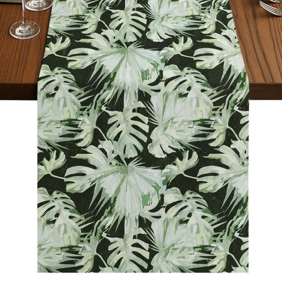 Green Palm Leaves Burlap Cotton Table Runner 13x36 Inches Short, Tropical Black Botanical Coastal Farmhouse Table Runners, Outdoor Dining Table Decor for Baby Shower/Party/Wedding