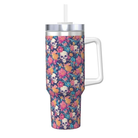

Daiia colorful Skull flower daisy Printed 40 oz Tumbler with Handle Ice Bully Insulated Tumbler 2 in 1 Lid Insulated Water Bottle Stainless Steel Travel Coffee Mug