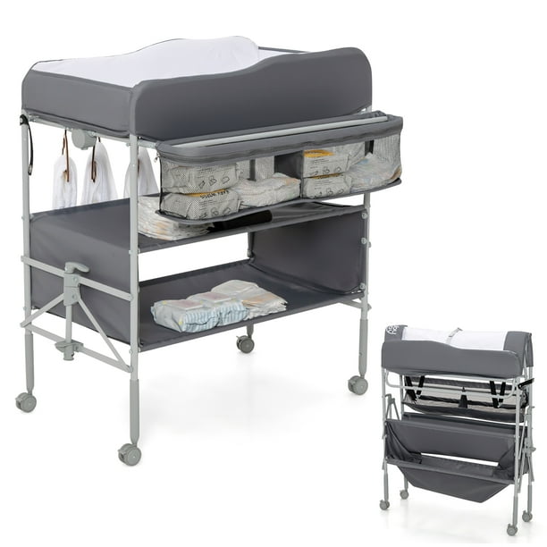 Costway Foldable Baby Changing Table w/ Wheels & Height Adjustment Grey