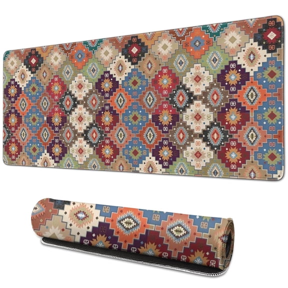 Long Mouse Pads for Desk,Orange Ethnic Rhombus Pattern Desk Mats on Top Of Desks, Desk Mouse Pad Extra Large with 3mm Non-Slip Base and Stitched Edge for Gaming,Office,Work,Home 31.5"x11.8"