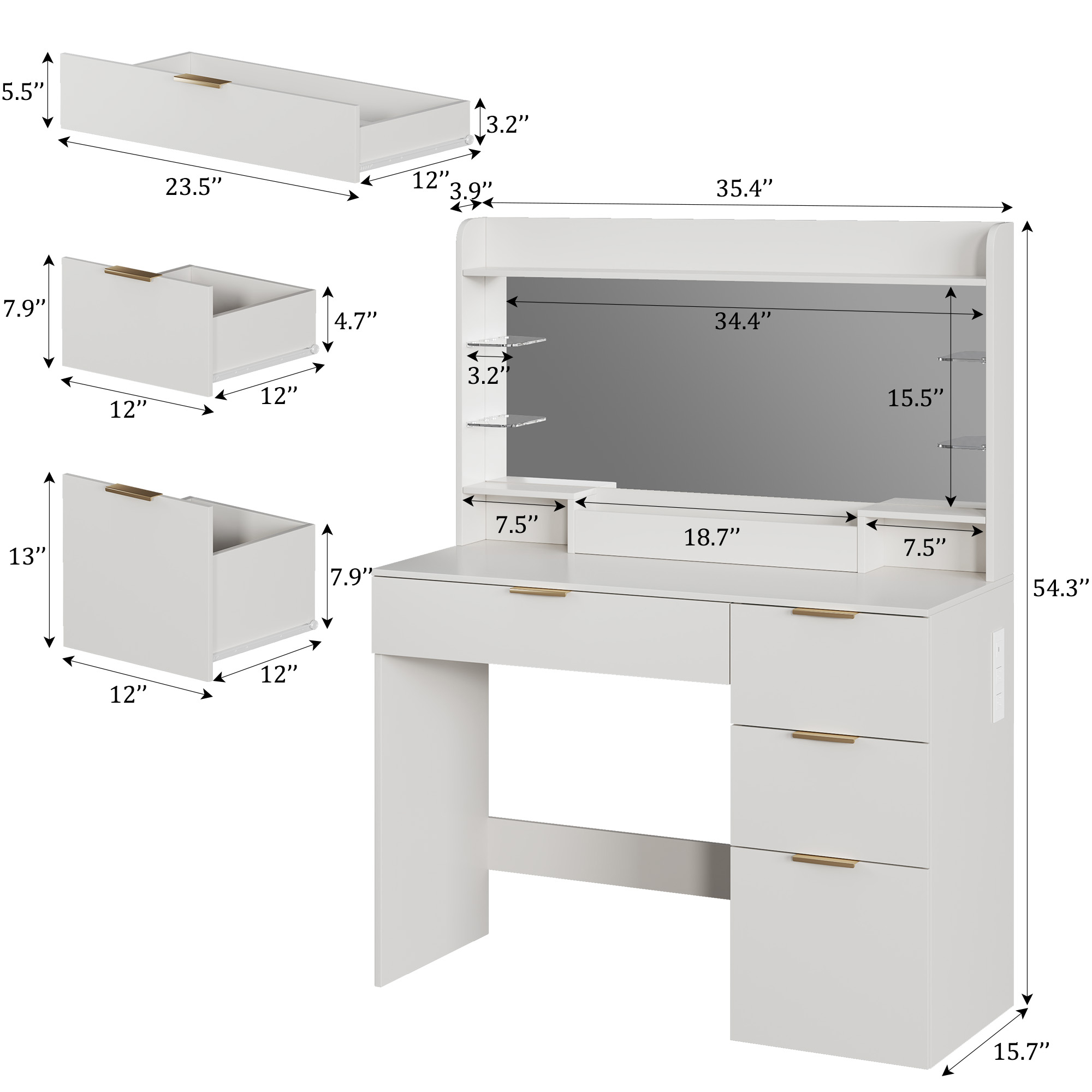 Tomnk 35.4" Vanity Desk with Mirror, Lights & Drawers, White photo 8