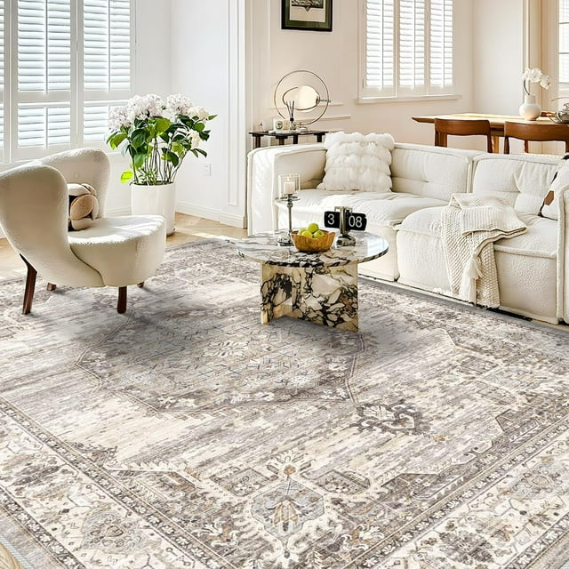 Washable Living Room Area Rug:8x10 Bedroom Rugs - Farmhouse Distressed Printed Floral Carpet - Foldable Non-Shedding Floor Carpet for Dining Room 8'x10' Beige