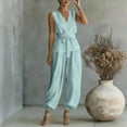 thumbnail image 6 of Pounoo Women's Jumpsuits V Neck Sleeveless Tie Waist Solid Jumpsuit Daily Wear Lightweight Breathable Loose Fit Casual Jumpsuits Gift, 6 of 7
