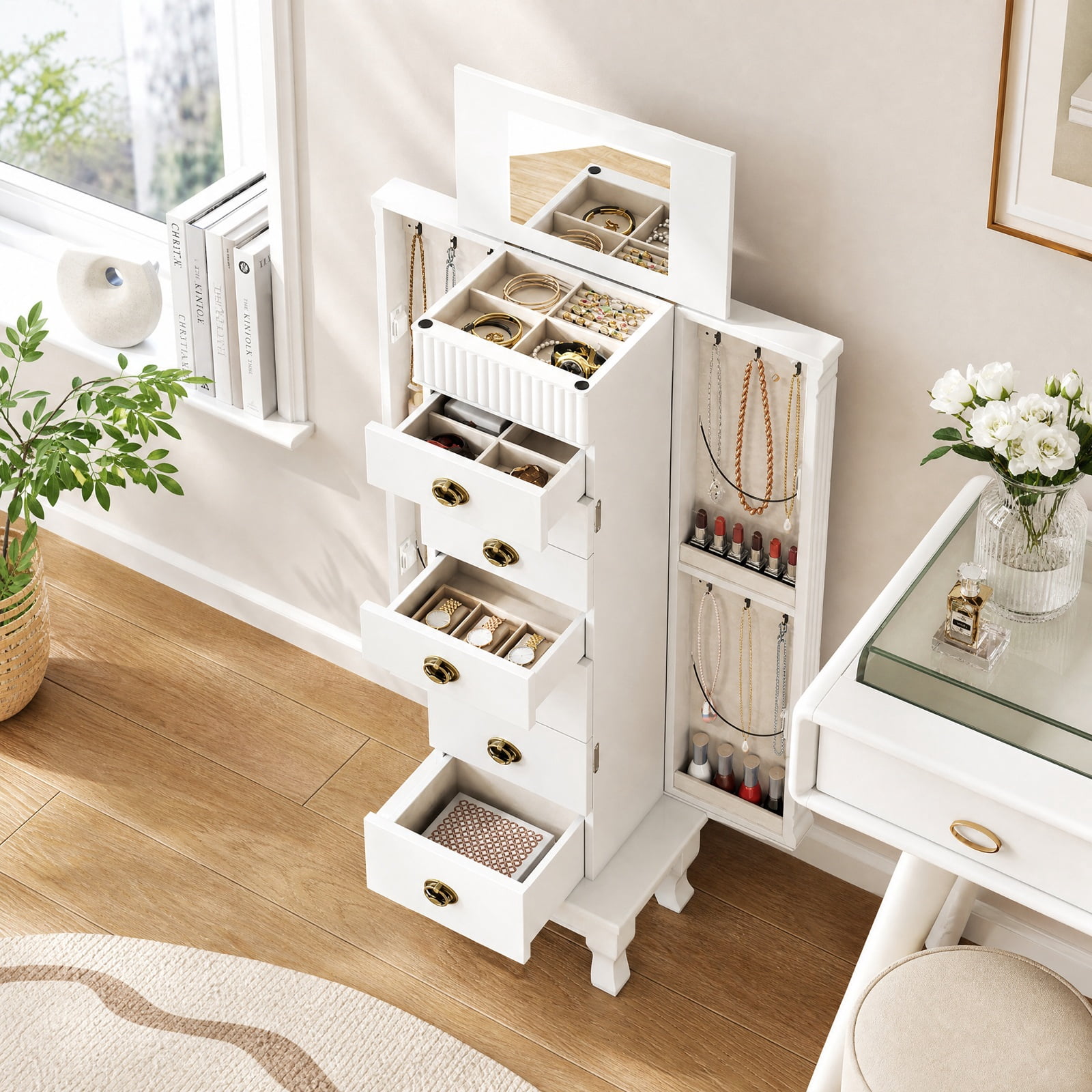 Furnibear Wooden Jewelry Armoire Cabinet Storage Chest with Drawers and Swing Doors for Bedroom Dressing Room Jewelry Necklace Rings Storage, White