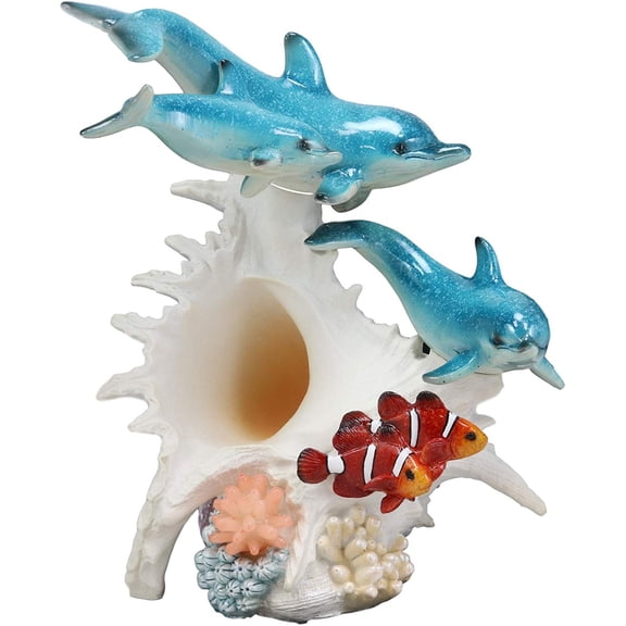 Nautical 3 Dolphins Swimming By Sea Conch Clownfishes Corals LED Light Statue