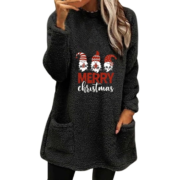 Gibobby Sudadera Grande Sra. Ocio Forro polar de felpa con bolsillo y manga larga con cuello Rojoondo y estampado navideño (Negro, L)