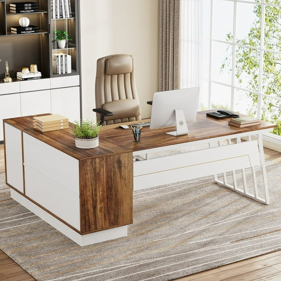 Tribesigns 71 Inch Modern Executive Desk, L-Shaped Desk with Cabinet,Brown and White