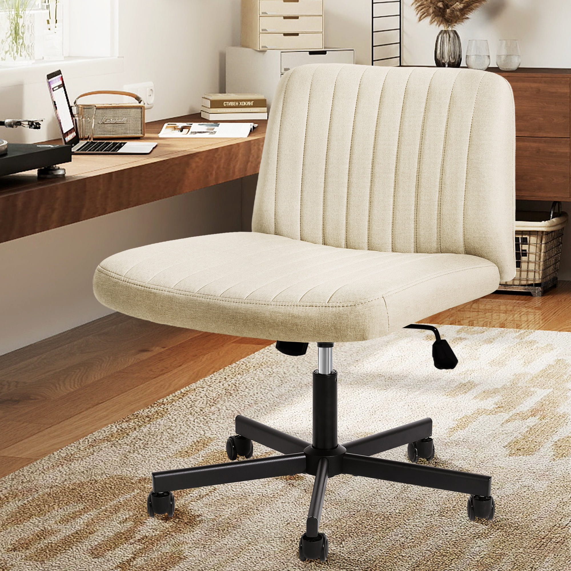 Melocadol Modern Criss Cross Office Chair, Extra Wide Armless Rolling Desk Chair with 360° Wheels, Adjustable Swivel Padded Fabric for Home, Office, Beige