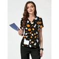 thumbnail image 3 of cimmuovere Women's Halloween Print V-Neck Multi-Pocket Scrubs Nurse Scrubs Workwear Dentist Healthcare Pet Hospital Laboratory Uniform Top, 3 of 10