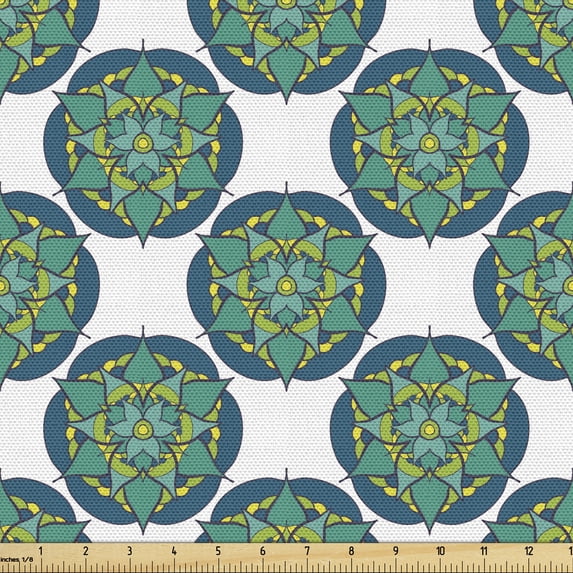 Botanical Fabric by the Yard, Repetitive Wild Flowers Plants Inspired Motifs Illustration, Decorative Upholstery Fabric for Sofas and Home Accents, Dark Sky Blue Lime Green by Ambesonne