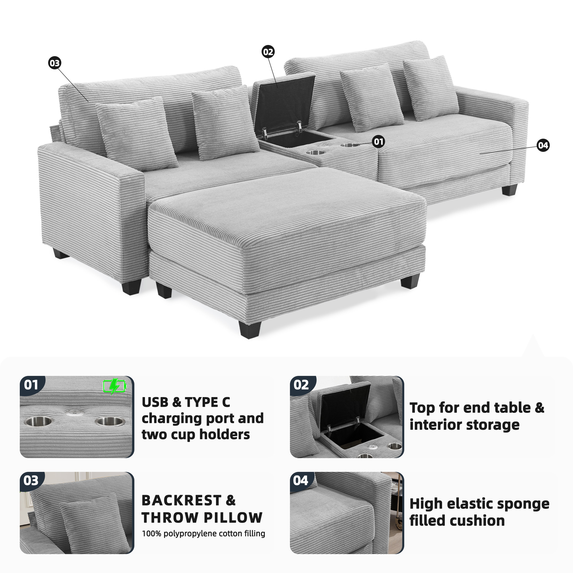 JUSTLET 111.8" Sectional Sofa with Ottoman, L-Shaped Modern Modular Couch, Oversized Corduroy 4 Seat Sofa with Storage Box, USB & TYPE C Port and Two Cup Holders for Living Room, Beige