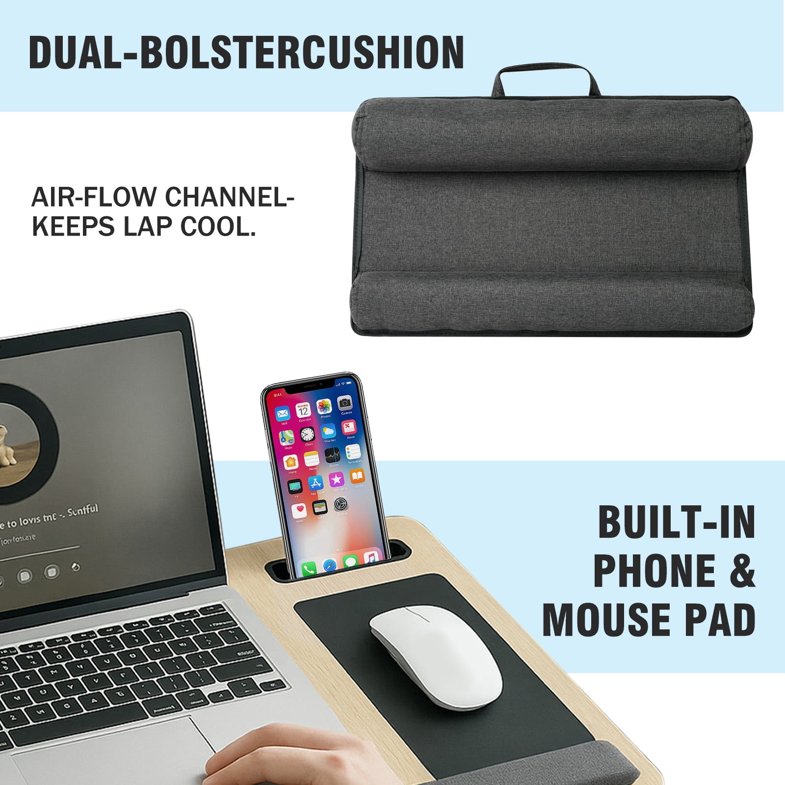 Baokaler Portable Lap desk, Laptop Desk with Pillow, Wood Lapdesk Bed Table with Soft Pillow, Fits up to 15.6 inches, White