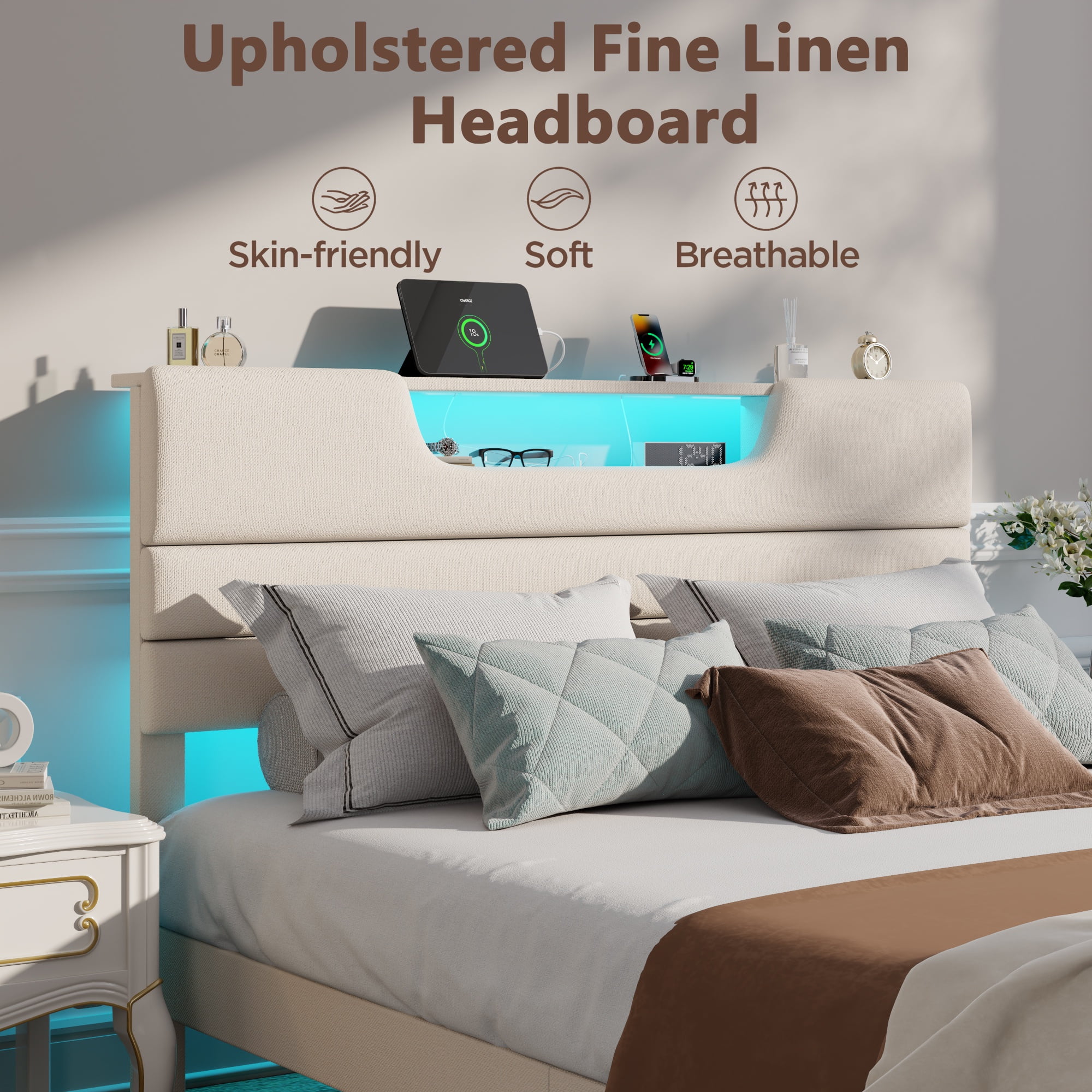 Tydimor Beige Fine Linen Fabric Bed Frame with LED Lights & Charge Station, Twin Size Bed Frame with Upholstered Headboard, No Box Spring Needed