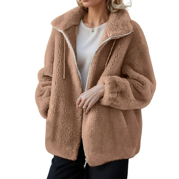 Nokdvo Sherpa Jackets for Women Soft Comfy Fluffy Fleece Zip Up Cardigan Stand Collar Long Sleeve Drawstring Casual Outerwear with Pockets,Light Brown S