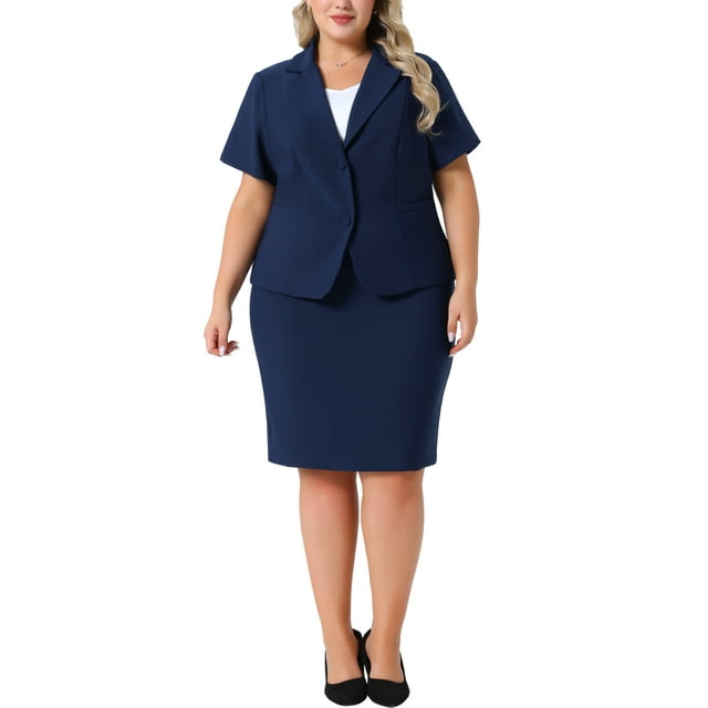 Conjunto de traje de oficina para mujer de talla grande de 2 piezas, blazer de manga corta con falda lápiz y botón, 4X azul marino