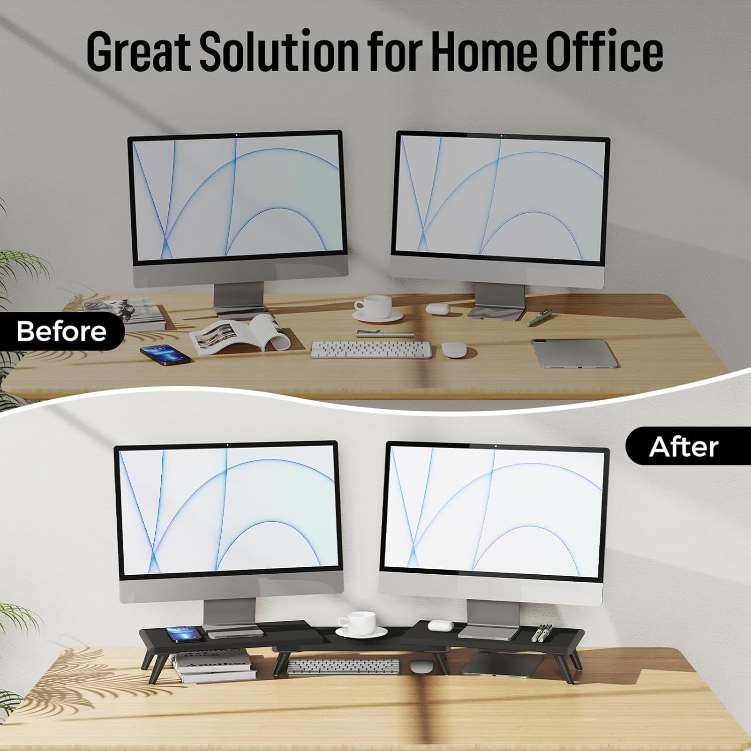 Dual Monitor Stand Riser for Desk, 43.6"*8.2"*3.2" Large Computer Stand for 2 Monitors, Laptop, Printer, Length and Angle Adjustable Computer Shelf, Home Office,Max 43.6" Length(Black)