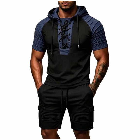 hotojiny Men's 2 Piece Set Short Sleeve Lace up Shirt Hoodie Summer Drawstring Cargo Shorts Stylish Color Block Tracksuit(Black,X-Large)