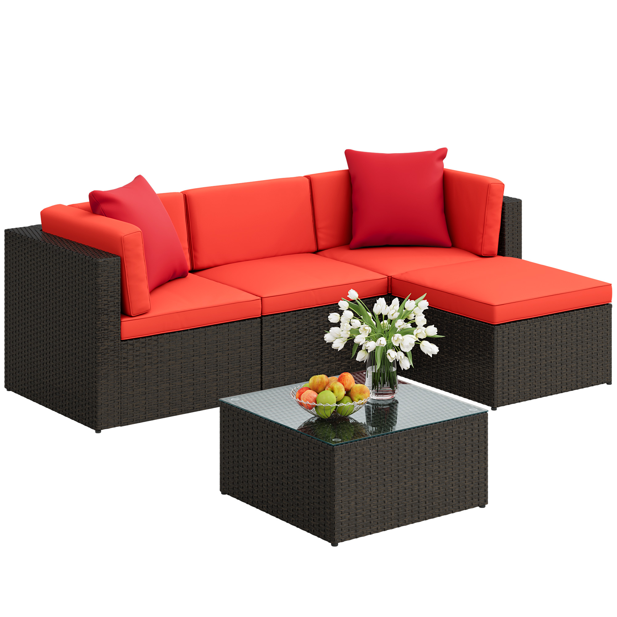 Lacoo 5 PCS Patio Outdoor Furniture Wicker Sectional Sofa With Cushion, Red