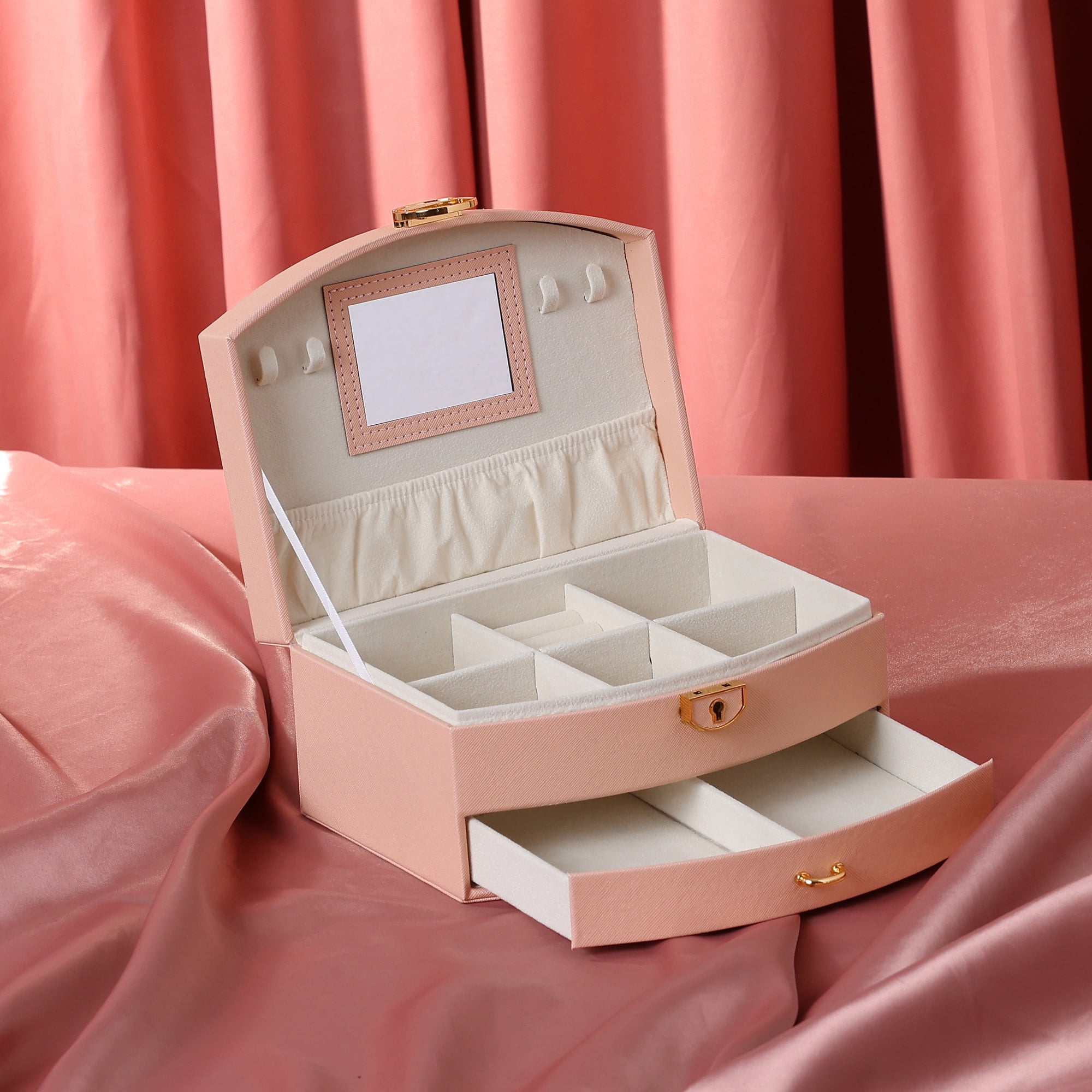 Unique Bargains 2 Layer Jewelry Box with Mirror PU Leather Removable Jewelry Tray Orange