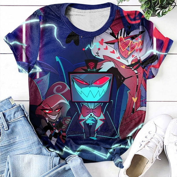 Hazbin Hotel Moda Casual Mujer Impreso de manga corta Cuello redondo Pullover Tops Azul/S