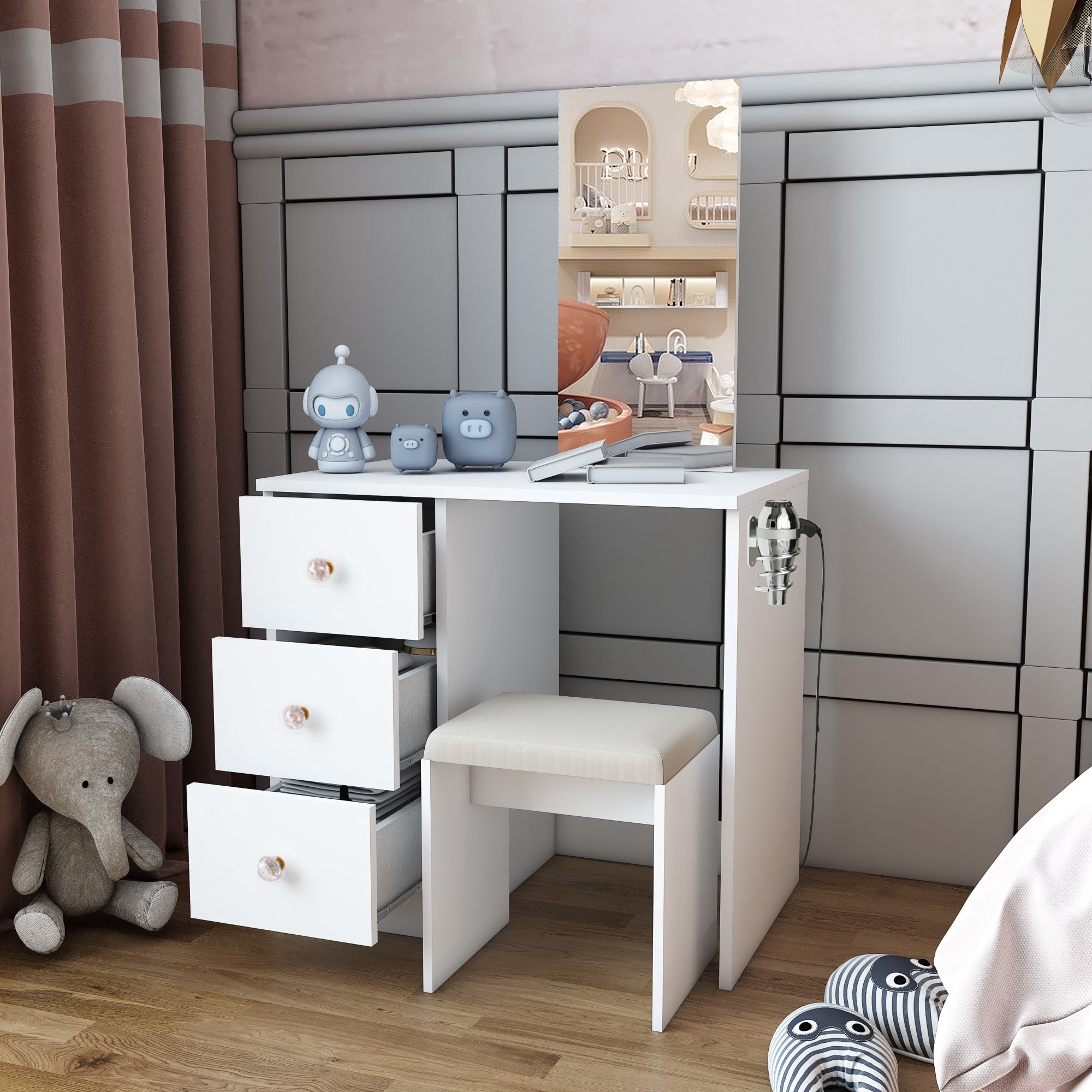 Ember Interiors Small Kids Vanity Makeup Desk Set with Chair, Mirror, Rose Gold Crystal Ball Knobs, White